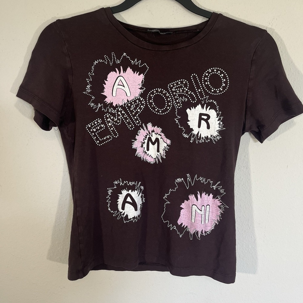 Emporio Armani T-Shirt Woman's Size Large Brown & Pink Gems Glam Vintage Y2K